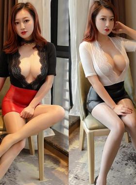 美胸深V领连衣裙 蕾丝PU超短裙性感OL秘书教师紧身裙短袖夜店裙女