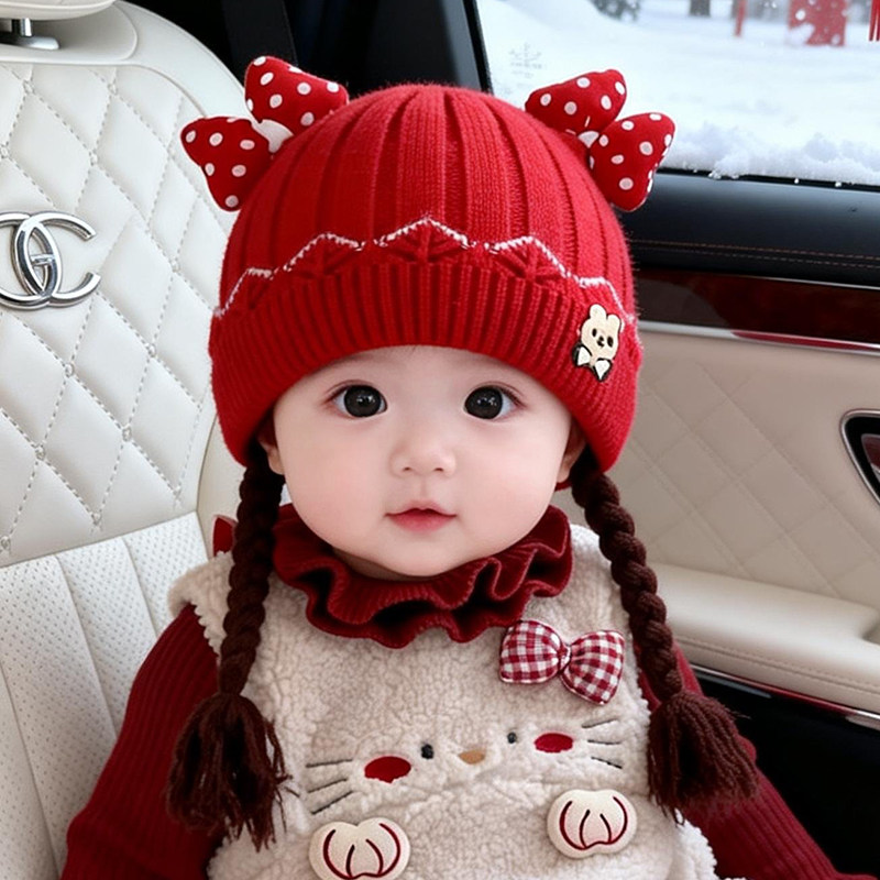 婴儿帽子秋冬季可爱超萌红色周岁新年喜庆毛线帽女宝宝假发辫子帽,童装/婴儿装/亲子装,帽子,淘宝优惠券,粉丝福利购,淘宝优惠卷