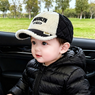 宝宝帽子秋冬季男女儿童棒球帽字母刺绣羊羔绒拼色短檐保暖鸭舌帽