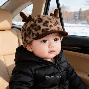 宝宝帽子秋冬季 毛绒帽洋气豹纹鹿角男童防风棒球帽女童保暖鸭舌帽