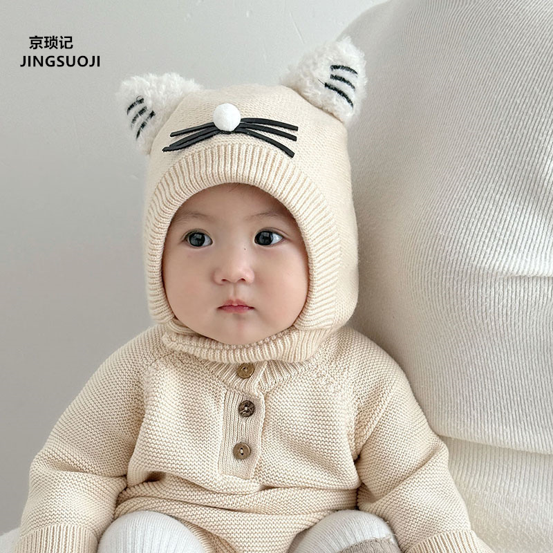 婴儿帽子秋冬季宝宝女保暖加厚针织帽护耳帽婴幼儿可爱猫咪毛线帽