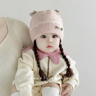 宝宝帽子秋冬保暖可爱超萌婴儿护耳帽女童假发辫子公主毛线套头帽