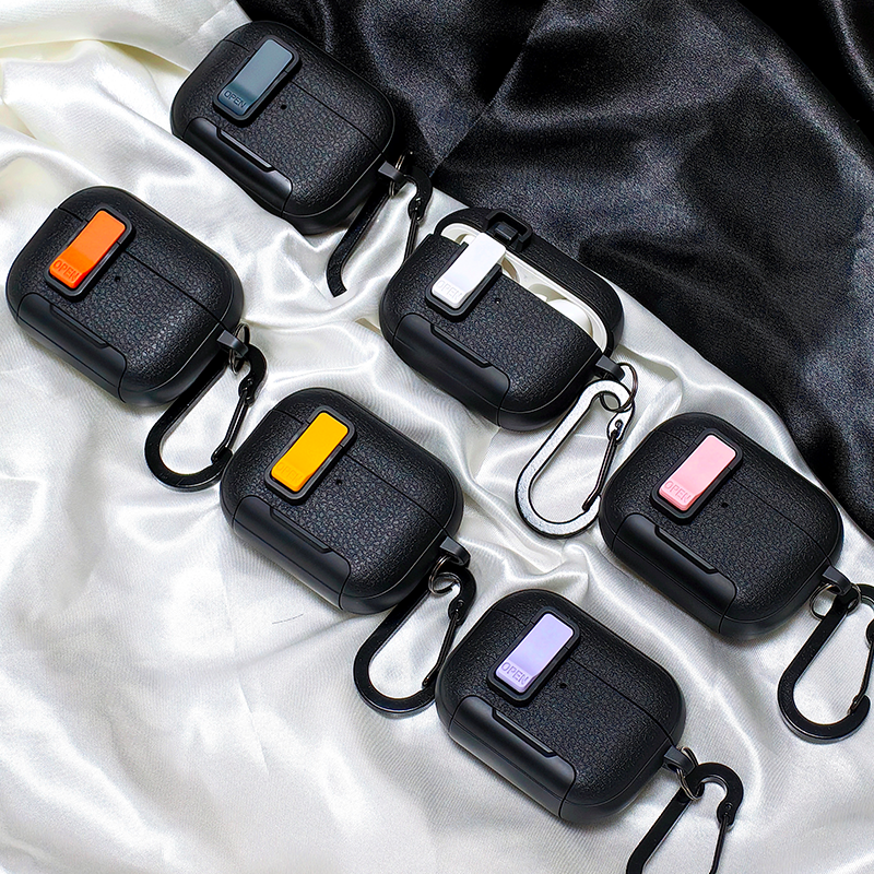 彩色弹盖按键连体支架适用airpods pro二三代保护套黑色皮纹简约情侣商务多功能挂钩苹果耳机壳2/3/4硅胶软壳