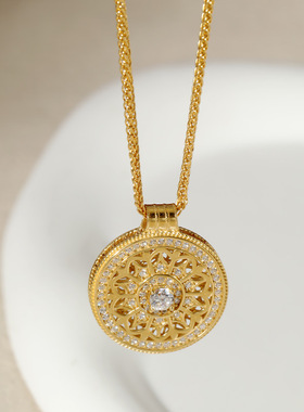 925纯银项链罗盘八宝吊坠女轻奢高级感小众时尚锆石ins毛衣链饰品