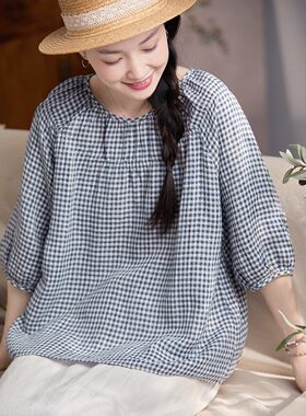 谷家 亚麻棉清新文艺原创格子小衫 色织格轻薄宽松五分袖减龄上衣