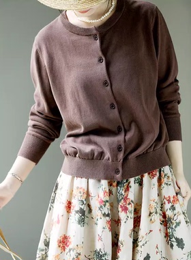 谷家 强捻棉 文艺百搭全棉长袖针织开衫 春秋新款毛衣外套女