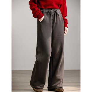 谷家 100%棉加绒保暖慵懒休闲卫裤 冬季柔软厚实弯刀直筒阔腿裤子