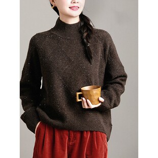 谷家 100%绵羊毛柔软保暖半高领毛衣 轻奢气质菱格亮片针织衫女