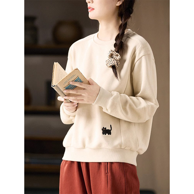 原创纯棉加厚圆领套头卫衣女 秋冬新款宽松休闲针织外套上衣,女装/女士精品,卫衣/绒衫,淘宝优惠券,粉丝福利购,淘宝优惠卷