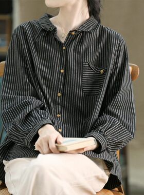 宽松文艺单排扣长袖棉麻衬衫