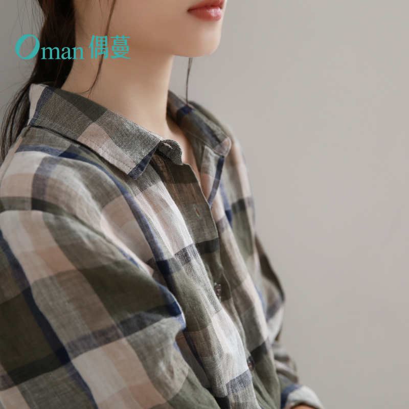 3偶蔓文艺复古色织亚麻格子衬衫女 春秋款宽松休闲长袖棉麻衬衣