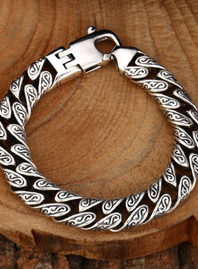小众银饰925纯银男女 国风唐草纹古巴手链泰银复古个性做旧饰品