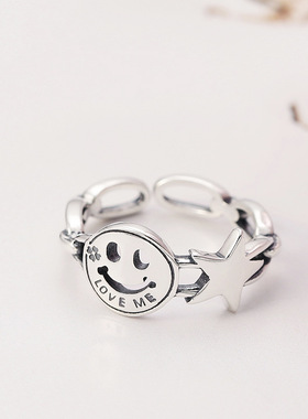 小众银饰s925纯银戒指韩版笑脸泰银戒指微笑星星开口指环男女款