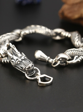 小众银饰男士S925纯银手链饰品复古潮流手环链泰银霸气神龙手链