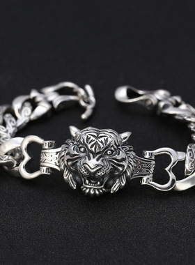 小众银饰s925纯银时尚个性霸气老虎头手链男士款做旧泰银潮人手饰