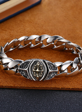 小众银饰S925纯银手链男士粗款十字架光面泰银复古手环纯银饰品