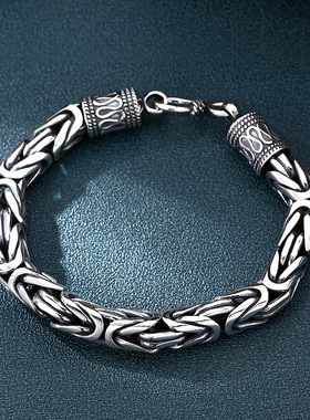 小众银饰男士925纯银手链复古饰品平安纹手链男粗款手工做旧泰银