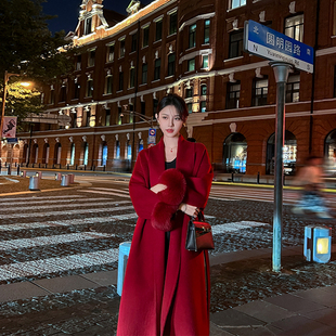 红色高端双面羊毛大衣女2025秋冬新款袖口狐狸毛结婚气质毛呢外套