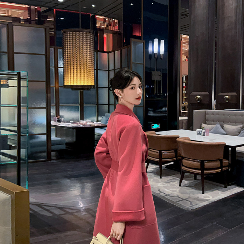 高端双面羊绒大衣女中长款2025秋冬新款韩版宽松气质粉色毛呢外套