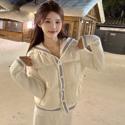 【SALE服饰】拼接保暖海军领小个子豹纹常规袖法式针织秋季