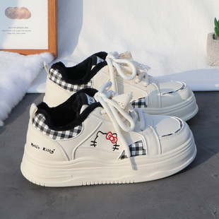 学生二棉鞋 女加绒保暖皮面休闲百搭板鞋 格子拼接小白鞋 2025秋冬季