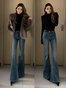 美式覆古蓝色微喇牛仔裤女2025秋冬新款加绒高腰修身喇叭马蹄裤子