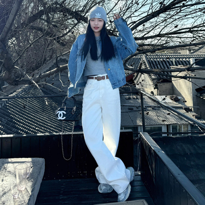 白色阔腿牛仔裤女小个子2026春秋新款高腰垂感休闲显瘦直筒拖地裤