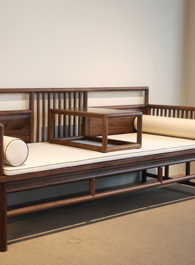 墨兰新中式禅意实木罗汉床黑胡桃木榆木现代客厅床榻沙发床卧榻