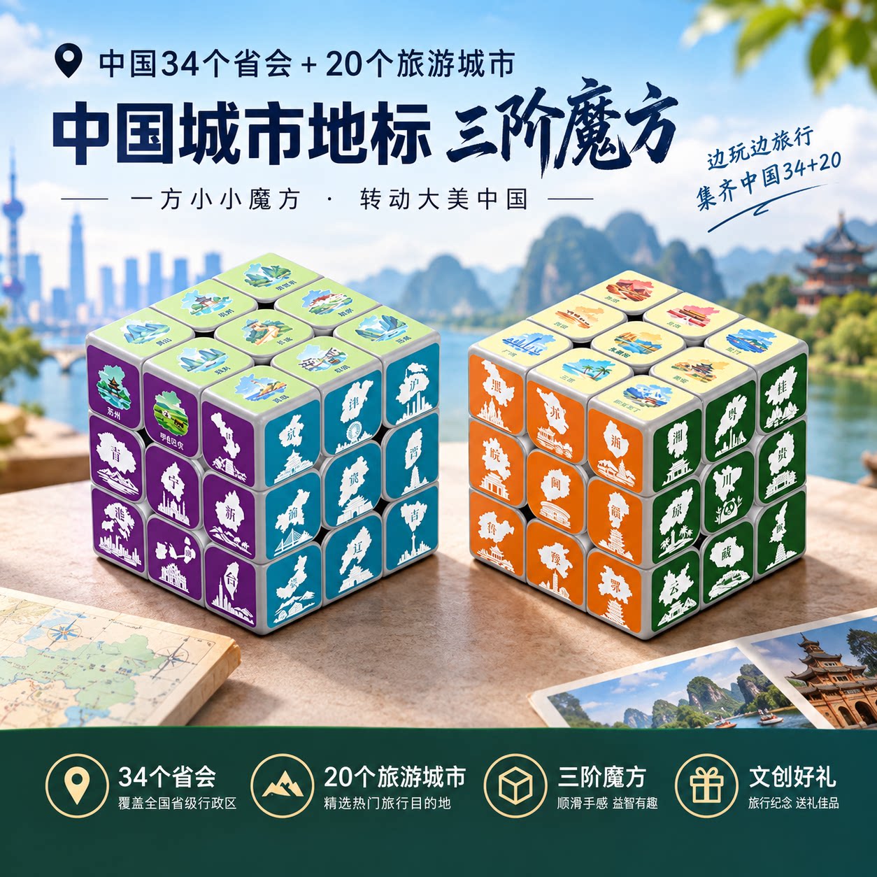 中国城市地标三阶魔方34个省会20个旅游城市顺滑益智礼物定制魔方