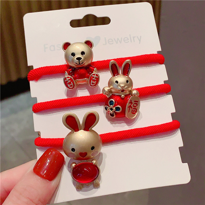 新年红色发圈女本命年兔年头绳圣诞节扎头绳可爱丸子头小兔子发饰