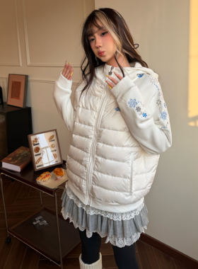 Amoeba美式刺绣雪花拼接针织薄款连帽排骨羽绒服男女冬季显瘦外套