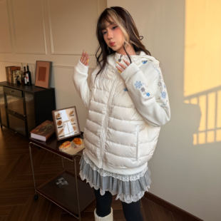 Amoeba美式刺绣雪花拼接针织薄款连帽排骨羽绒服男女冬季显瘦外套