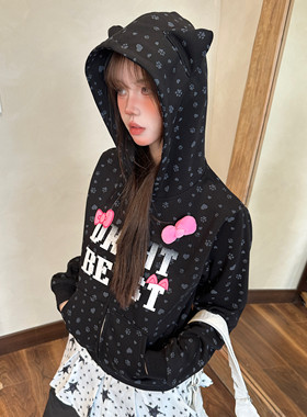 Amoeba原创可爱甜酷满印爪印连帽卫衣拉链开衫女秋季蝴蝶结外套