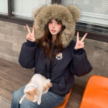 Amoeba原创可爱小熊耳朵连帽棉服可拆卸毛领冬季加厚保暖派克服