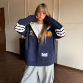 Amoeba美式 宽松拉链外套 复古条纹拼接字母印花内衬连帽卫衣春款