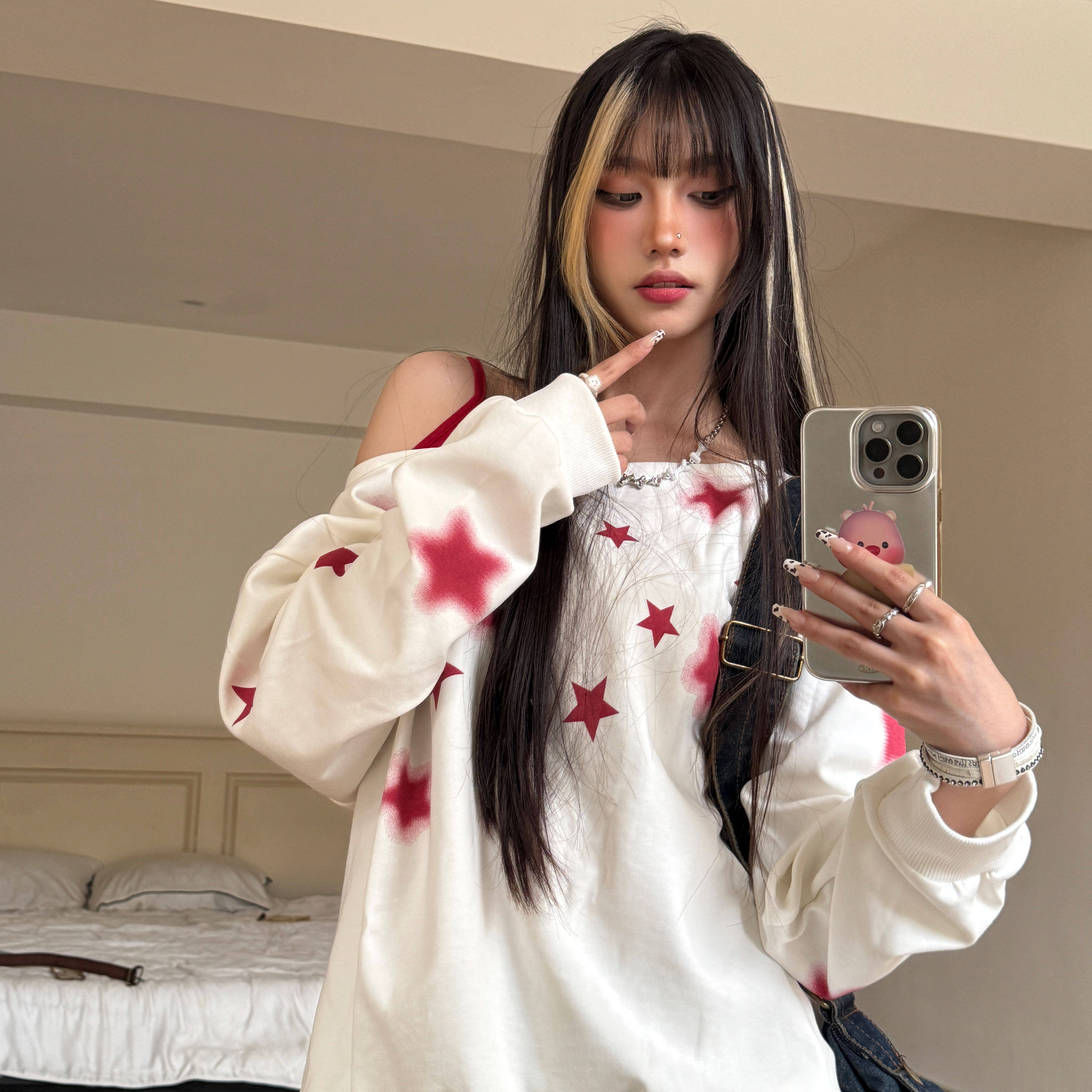 Amoeba美式星星印花假两件撞色斜肩卫衣女宽松慵懒秋季露肩上衣