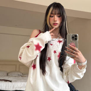 星星印花假兩件撞色斜肩衛(wèi)衣女寬松慵懶秋季 Amoeba美式 露肩上衣