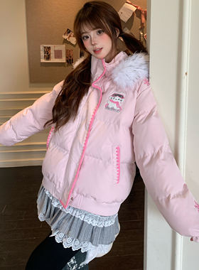 Amoeba原创撞色贝壳雪花刺绣可拆卸毛领连帽派克服女棉服冬季外套