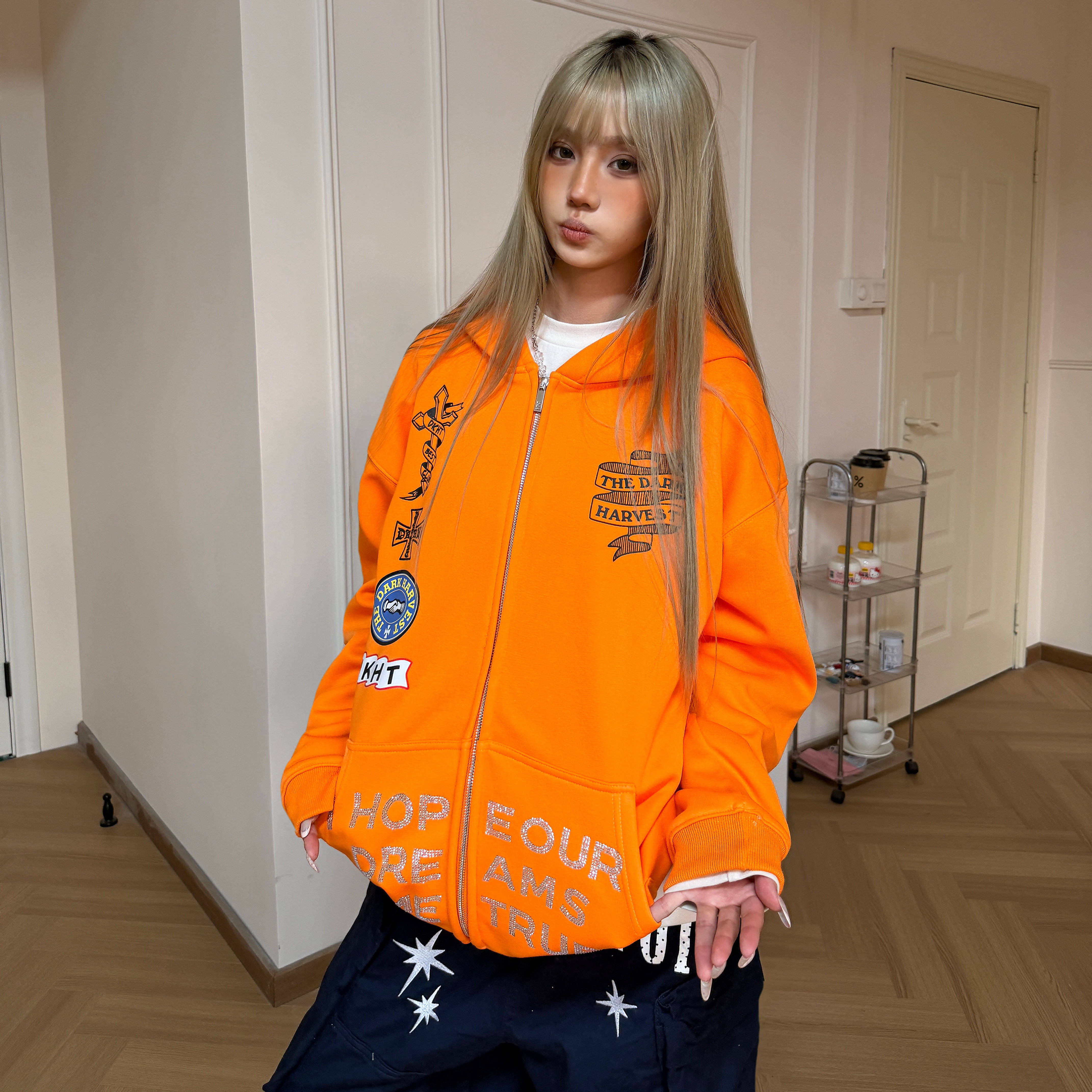 Amoeba美式复古字母烫钻十字架印花加绒连帽卫衣拉链开衫春季外套