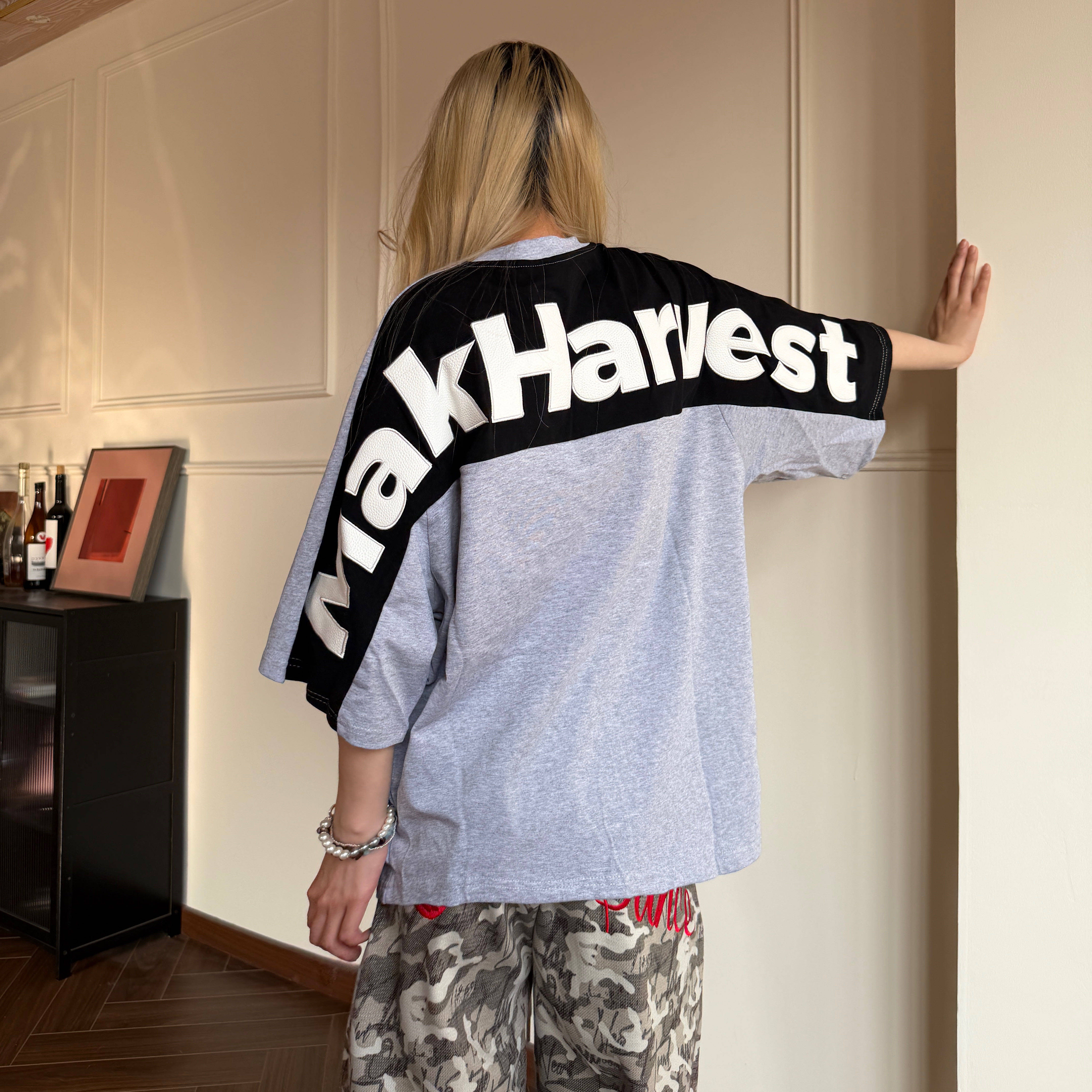 Amoeba原创国潮贴皮字母刺绣拼接撞色男女宽松短袖夏季重磅T恤