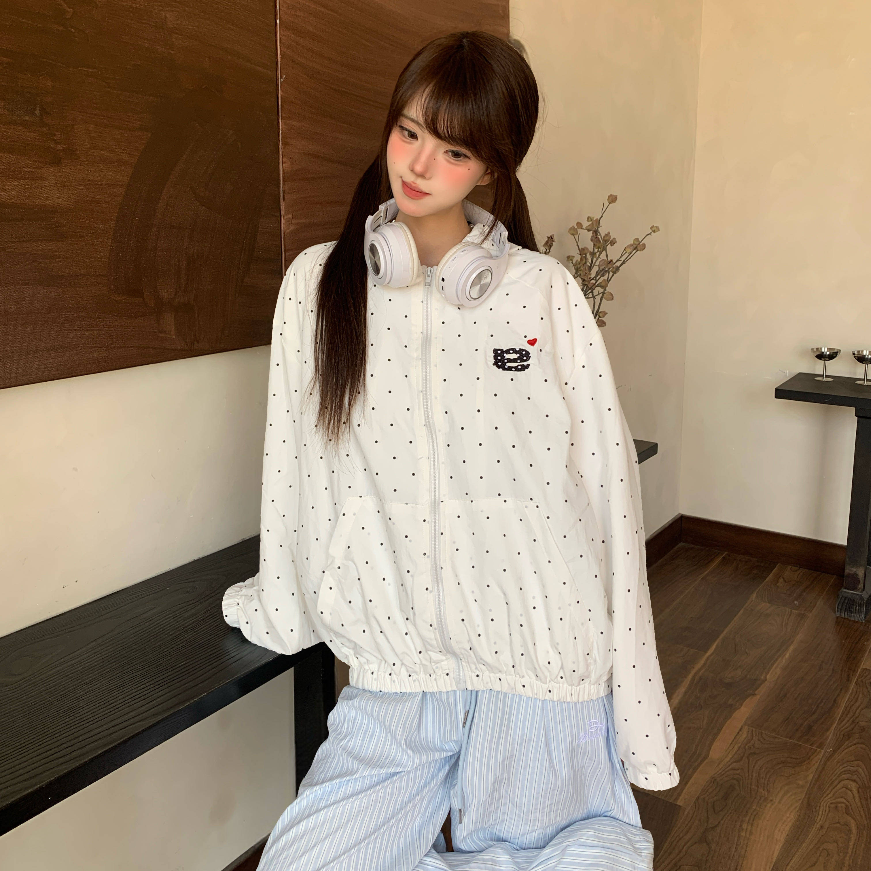 Amoeba美式复古韩系甜酷满印波点连帽薄款外套女春季宽松防晒夹克