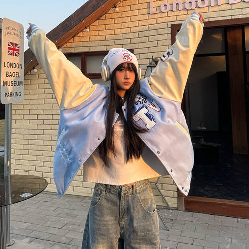 美式复古刺绣字母棒球服外套