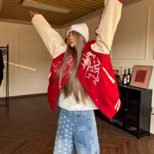 Amoeba美式复古马年限定重工刺绣植绒棒球服夹克男女春季新款外套