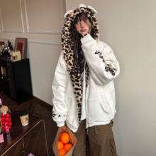 Amoeba美式复古豹纹座山雕连帽仿兔毛加厚夹棉外套男女冬季棉服