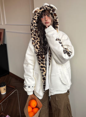 Amoeba美式复古豹纹座山雕连帽仿兔毛加厚夹棉外套男女冬季棉服