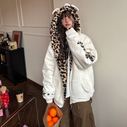 美式复古豹纹连帽座山雕棉服外套