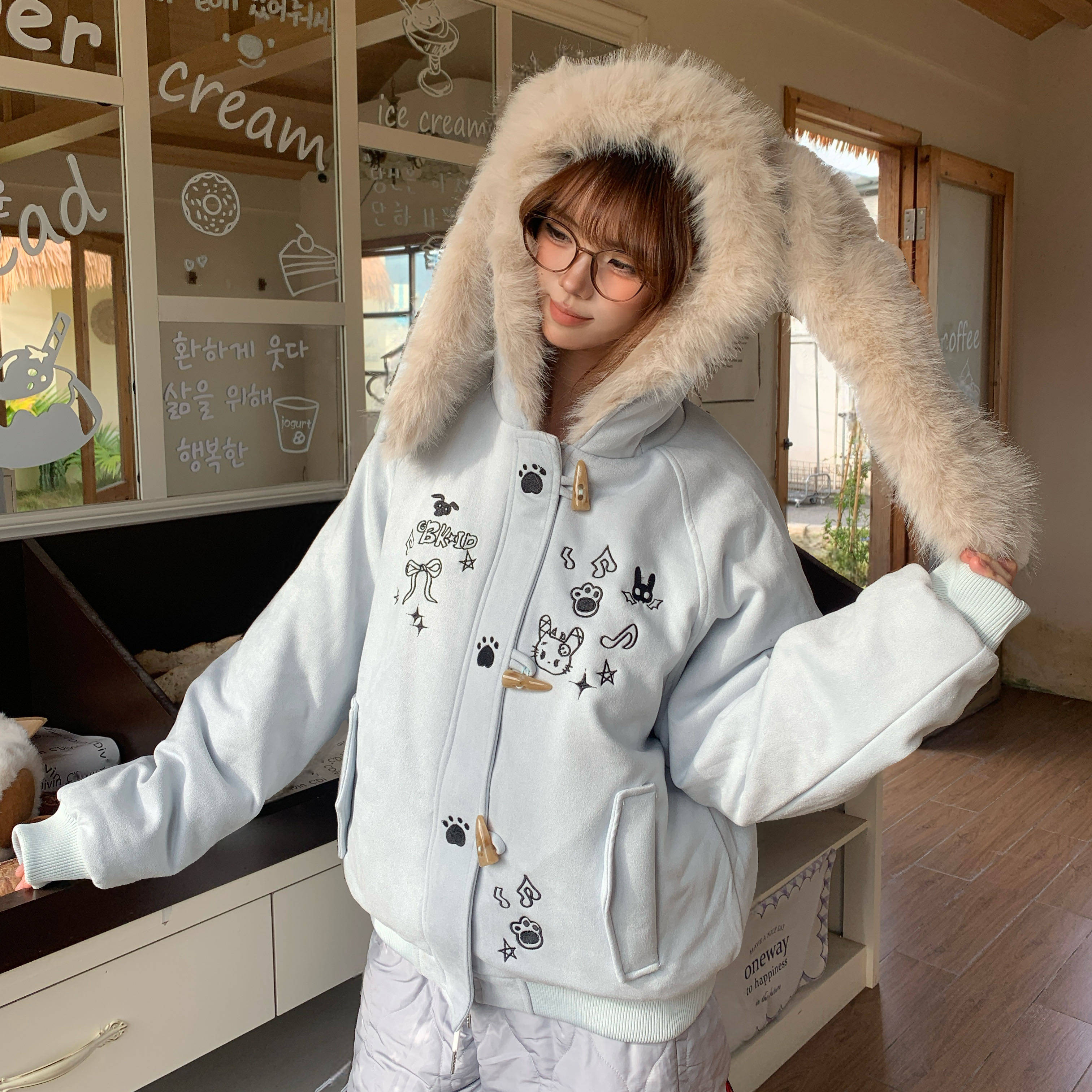 Amoeba原创兔耳毛绒座山雕可爱刺绣连帽加厚夹棉冬季外套女棉服,女装/女士精品,棉衣/棉服,淘宝优惠券,粉丝福利购,淘宝优惠卷