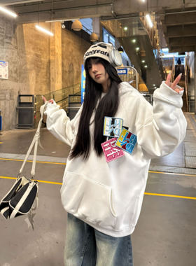 Amoeba国潮原创魔术贴字母加绒连帽卫衣男女宽松百搭2025新款帽衫