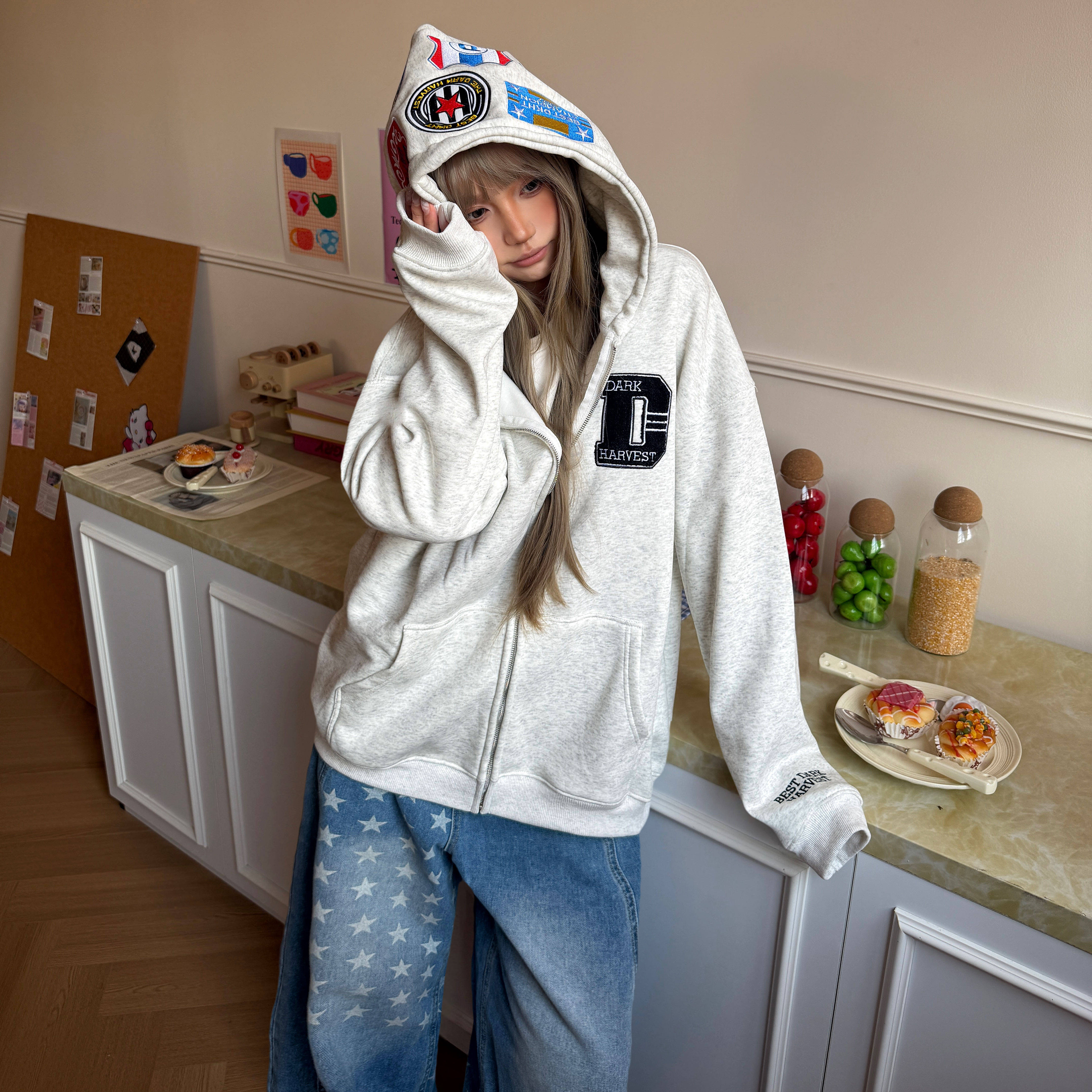 Amoeba美式复古勋章字母植绒刺绣加绒连帽卫衣春季宽松拉链外套