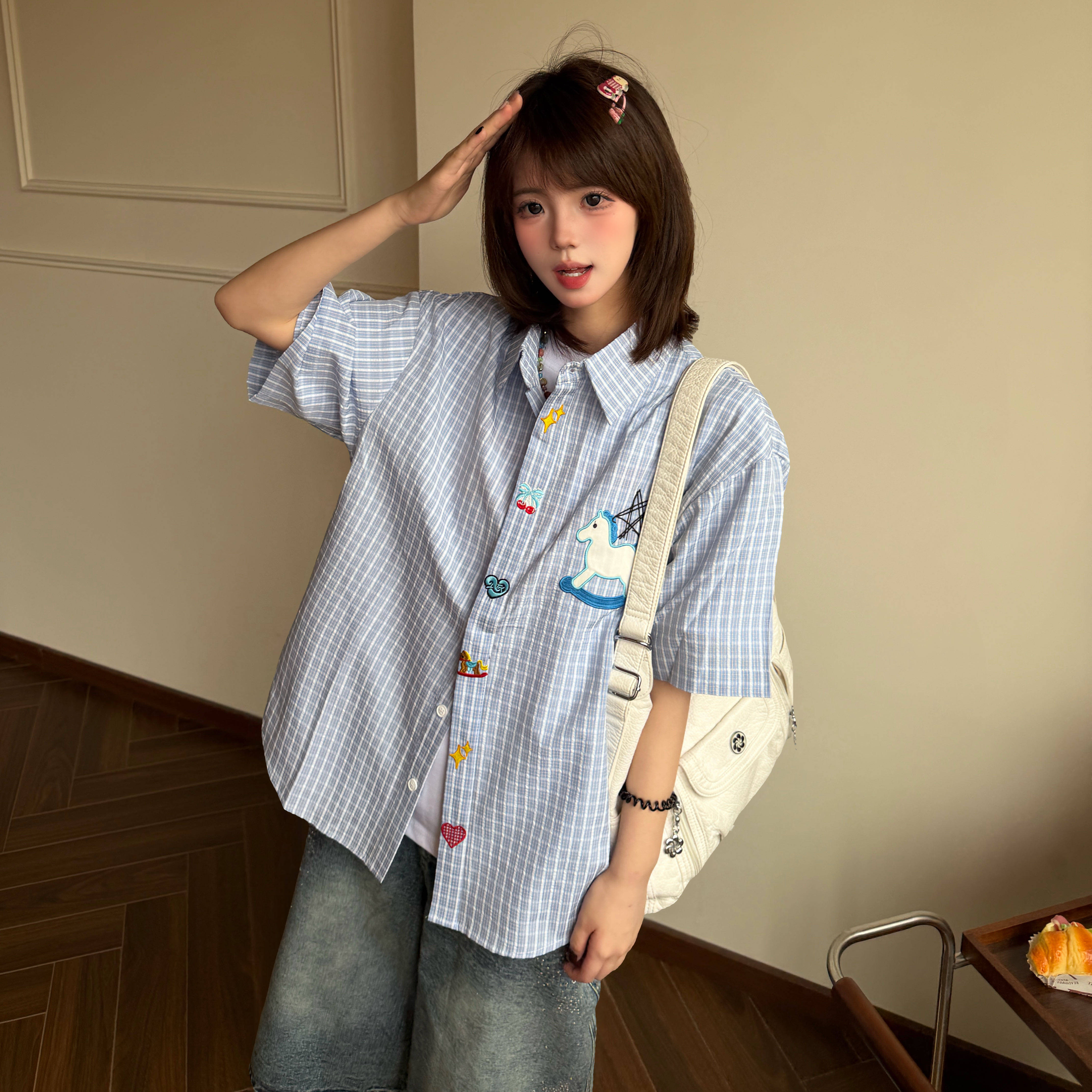 Amoeba复古亚萌趣味刺绣设计感格纹衬衫短袖女夏季宽松休闲上衣